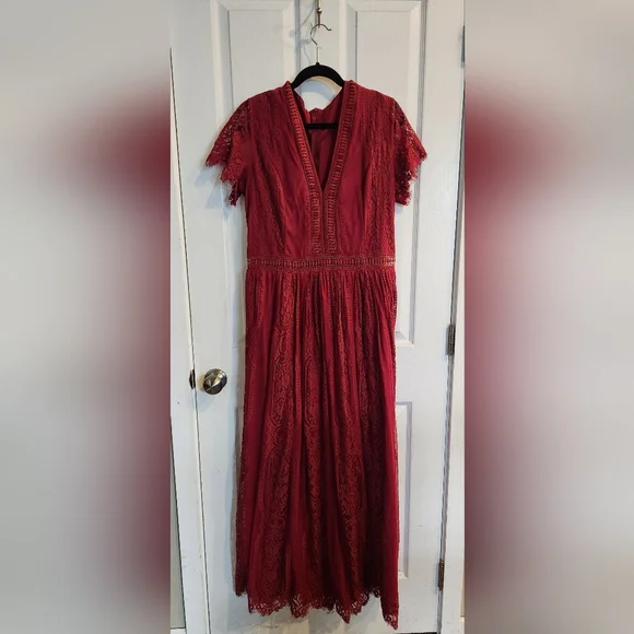 Dokotoo Women's Red V Neck Lace Dress Long Party Wedding Dresses Short Sleeve xl - Picture 5 of 9